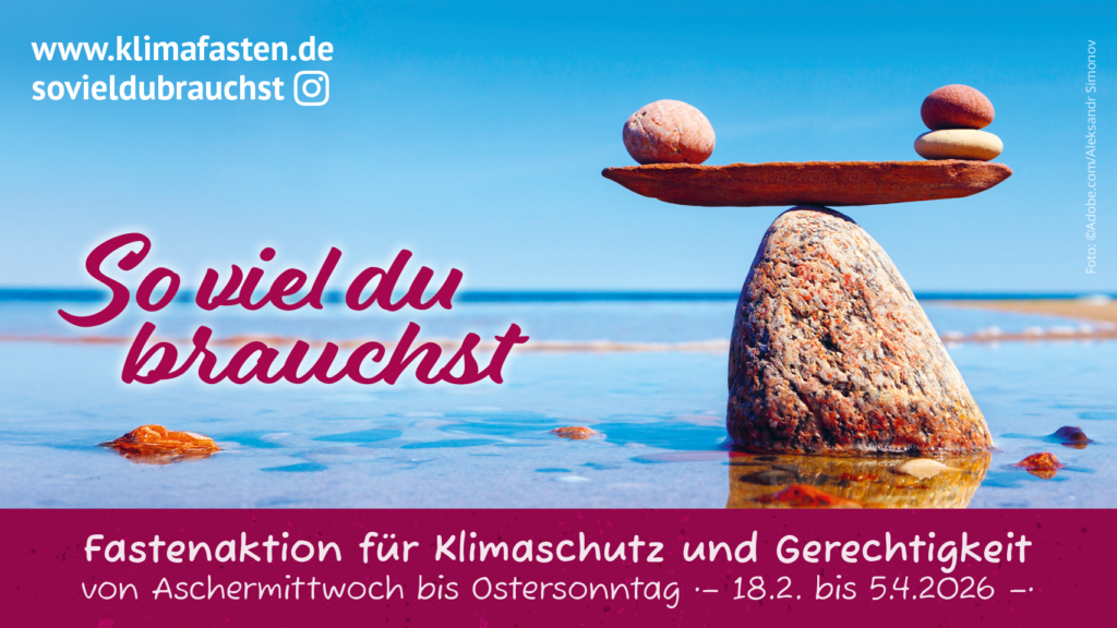 Plakat zum Motto So viel du brauchst. Man sieht ein ruhiges Meer mit einer Steinskulptur