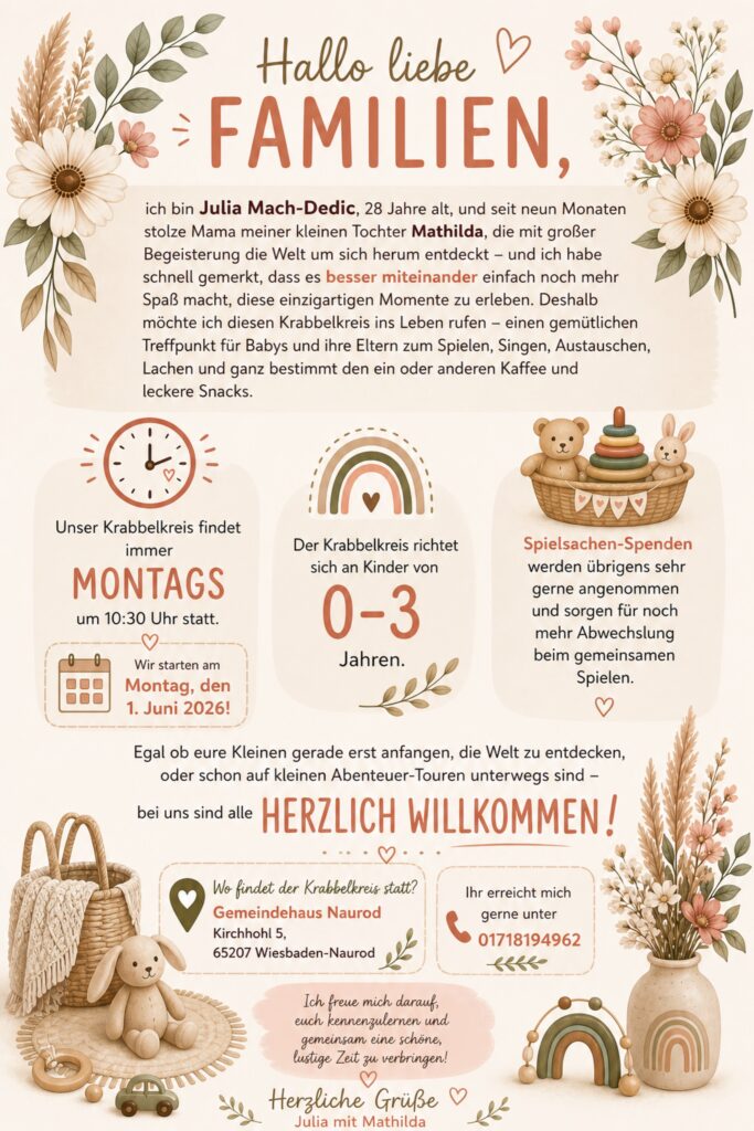 Plakat mit den wichtigsten Informationen zum Krabbelkreis, die auch im Text enthalten sind. Das Plakat ist in beigen Farbtören gehalten mit Blumen und kindlichen Symbolen.
